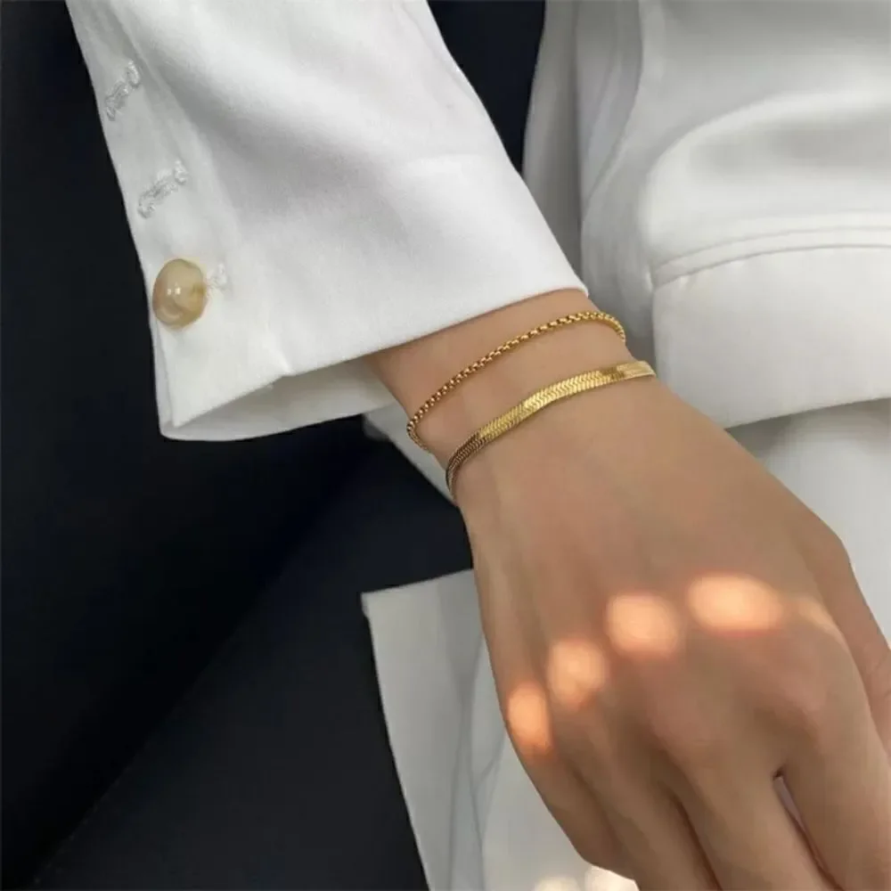 Gold Herringbone Flat Snake Chain Bracelet 4mm